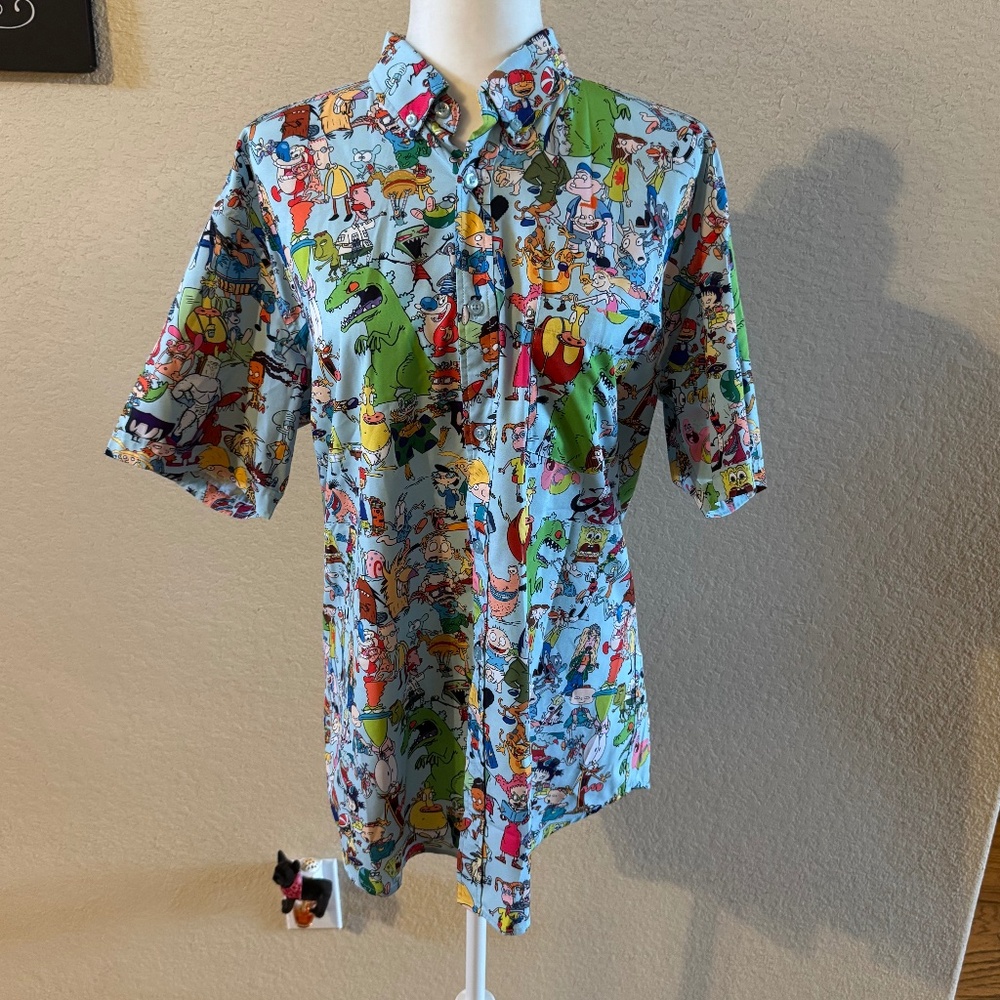 RSVLTS Nickelodeon Nicktoons‎ Shirt Mens Large  Blue Button Up Allover Print 90s